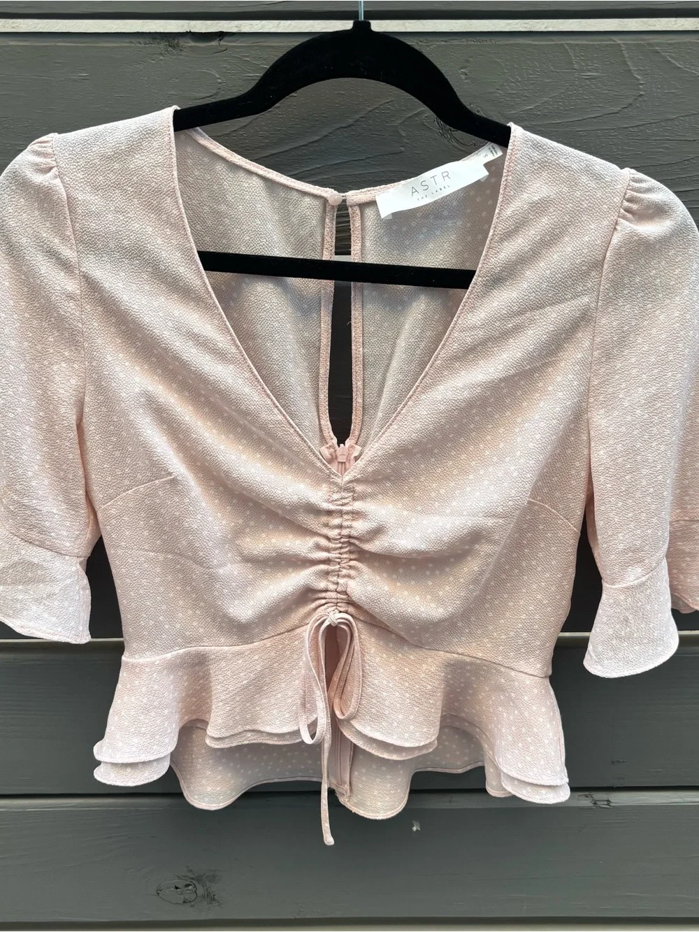 ASTR The Label Blush Swiss Dot Ruched Peplum Top Puff Sleeve S